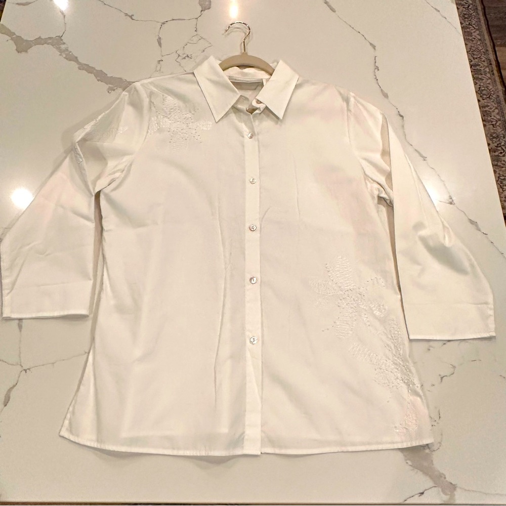 Susan Bristol White Embroidered Beaded Button Up Shirt Coastal Classic Blouse L